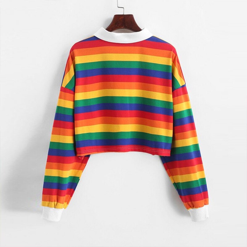 Qrwr polo shirt dame sweatshirt langærmet regnbue farve dame hættetrøjer med knap stribet sweatshirt i koreansk stil kvinder