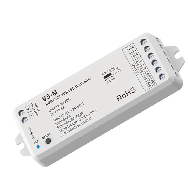 RGBCCT LED Controller 12-24V 5CH PWM RF Wireless Remote Smart Wifi RGB WW Controller For 5050 RGB RGBCCT LED Strip V5-M