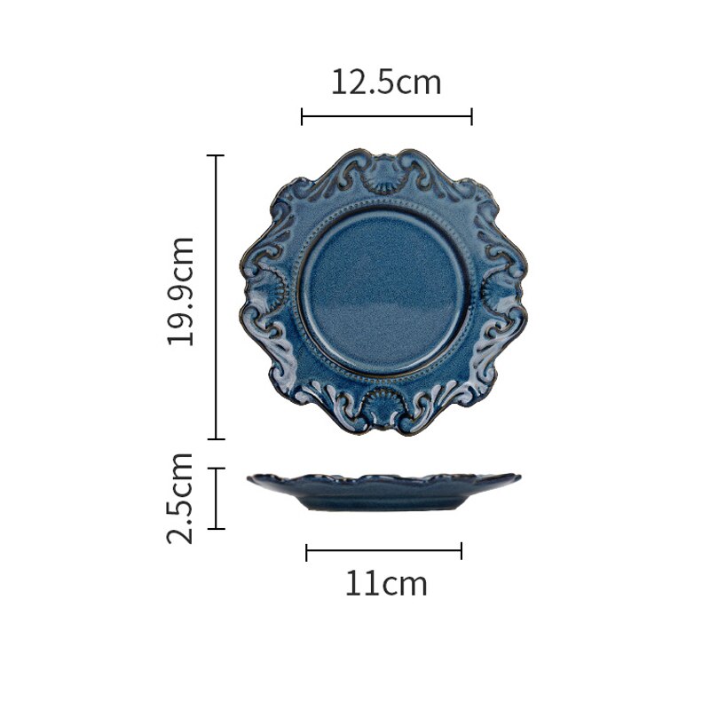 European retro ceramic dinner plates embossed Blue White Dinnerware porcelain dessert cake plate round bowls kitchen Tableware: 8inch Blue