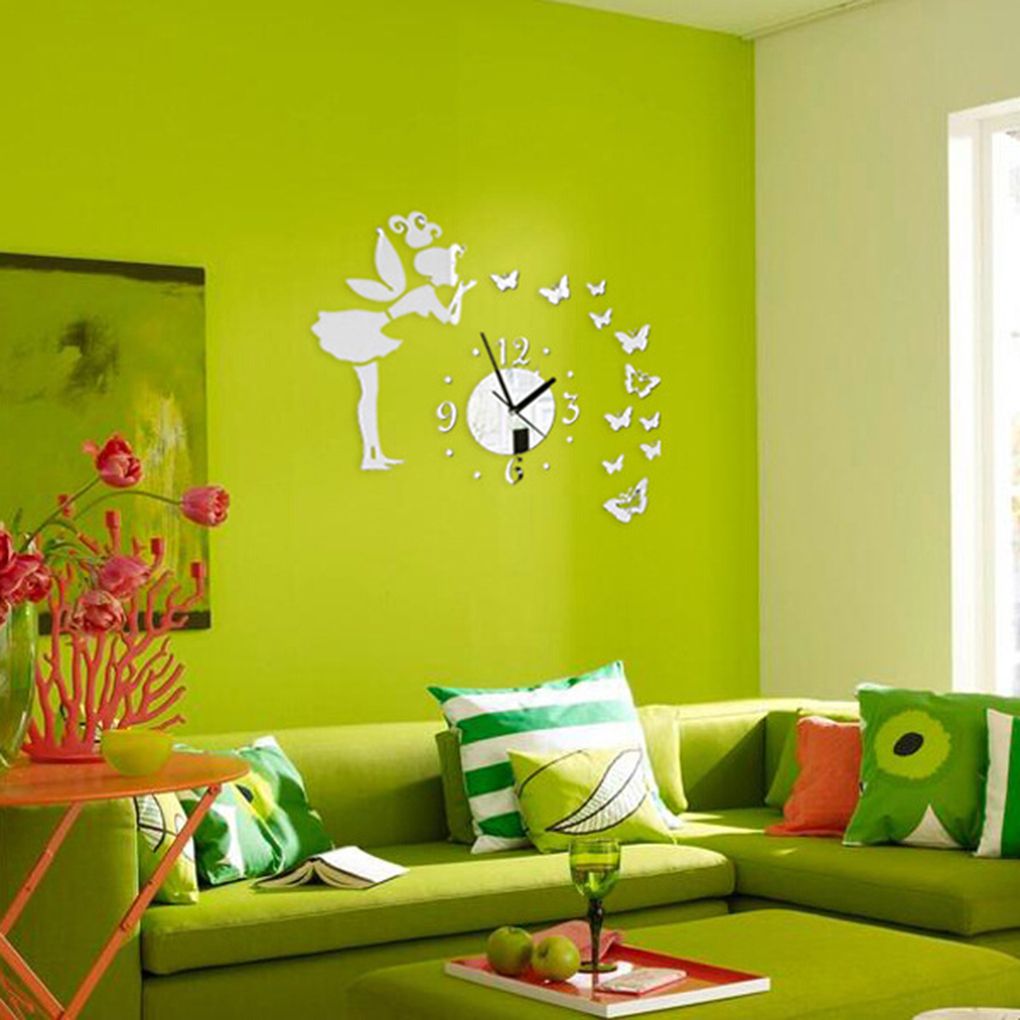 Autocollants muraux fille féerique papillon 3D, horloge murale miroir, décoration de bureau et de maison, DIY bricolage