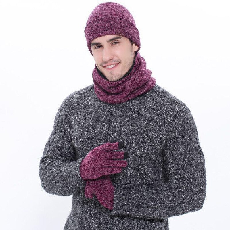 3 st/set mössor halsdukshandskar par vinter vindtäta tjocka halsdukar kit stickad plus sammetsmössa scarfset för män