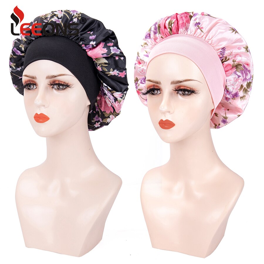 Red Flowers 1 Piece Sleep Cap Satin Bonnet Night Head Cover With Wide Band For Sleeping Soft Hair Silk Bonnet For Women Girls
