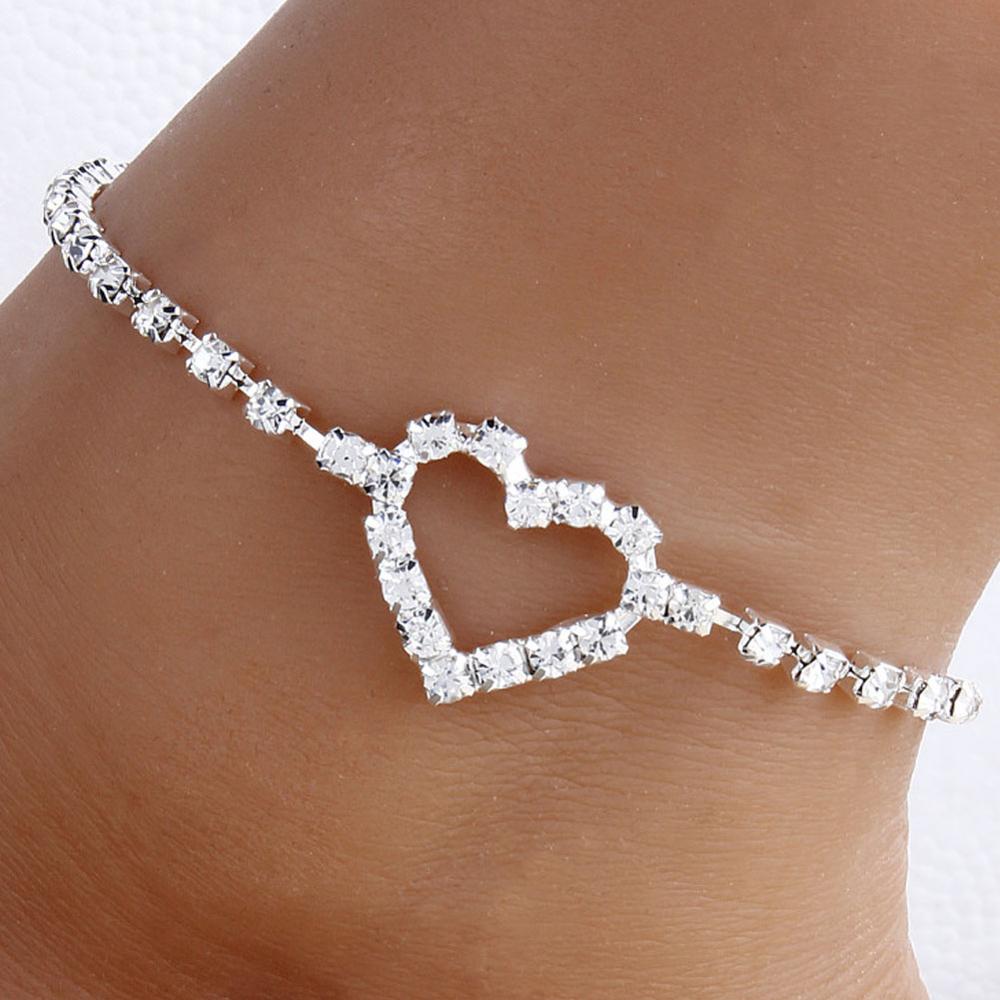 Eenvoudige Hart Crystal Rhinestone Enkelband Ketting Armband Goud Zilver Kleur Voor Vrouwen Barefoot Beach Sandal Voet Enkelbandje Sieraden