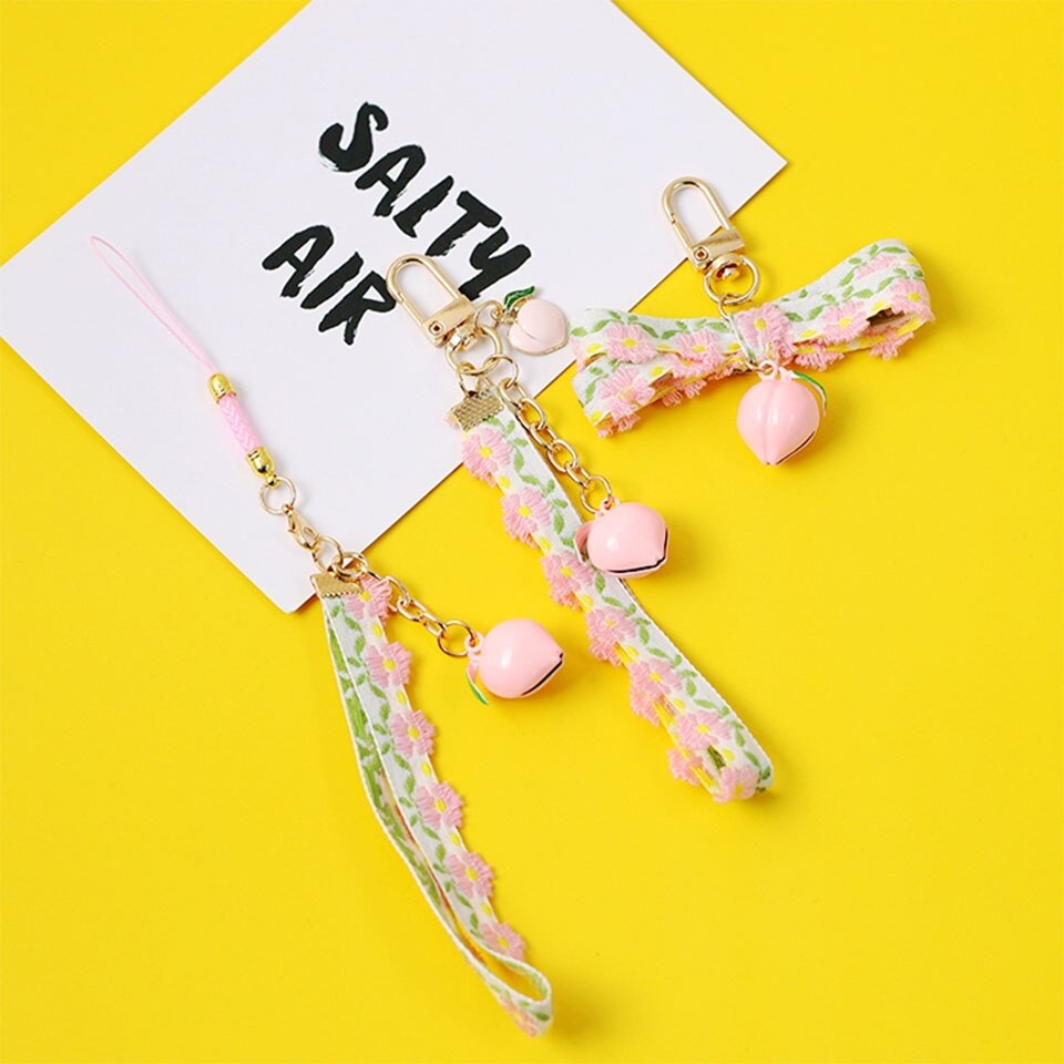 Korean Smart phone Strap Lanyards for iPhone Samsung Cute Flower Peach Bell Decoration Mobile Phone Wrist Strap Rope Phone Charm