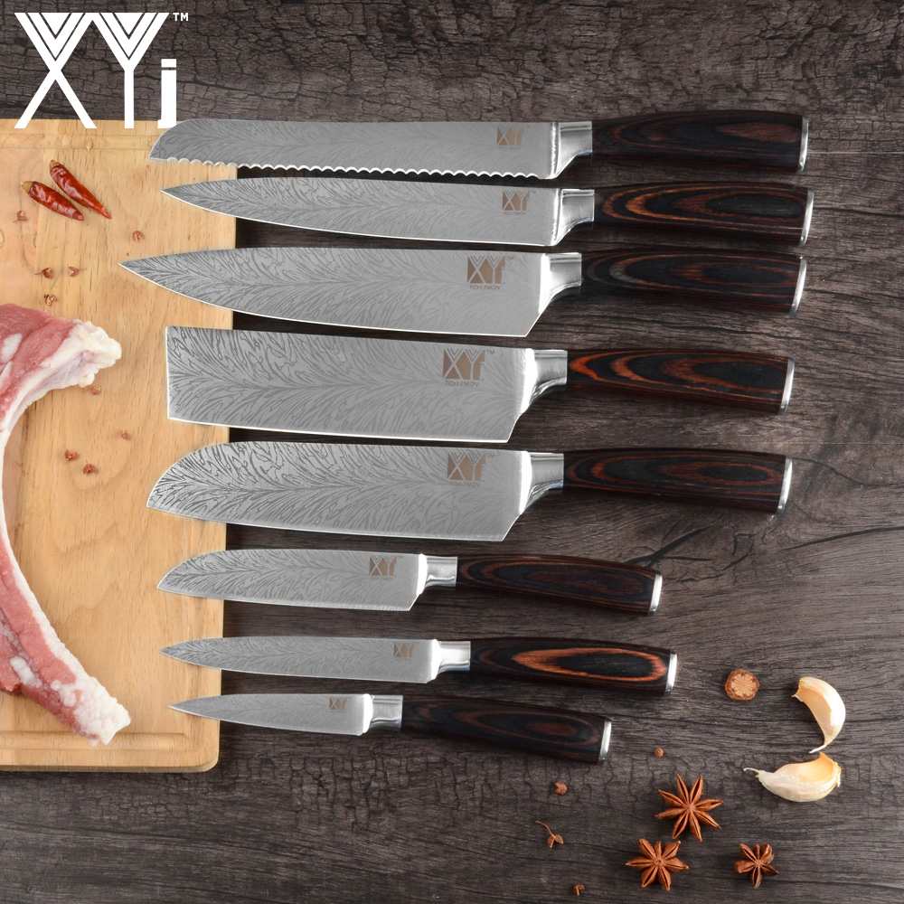 XYj Stainless Steel Kitchen Knives Set 8'' INCH Knife Storage Box Holder Damascus Pattern Veins Blade Full Tang Blade Accessory
