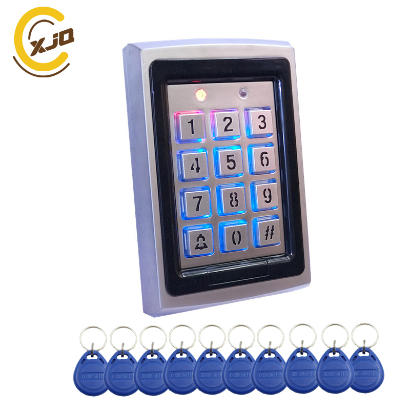 ! Xjq Rfid Metalen Toegangscontrole Toetsenbord Met Blauwe Achtergrondverlichting Kantoor Deur Access Controller + 10 Stuks 125 Khz keyfob Kaarten