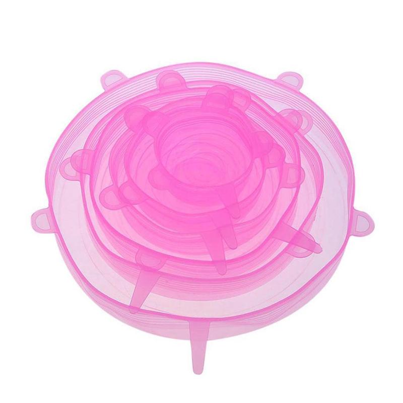 6 pièces/ensemble couvercle en Silicone alimentaire réutilisable Silicone pour ustensiles de cuisine couvercles couverture extensible accessoires cuisine bol universel stor E5Q3: pink