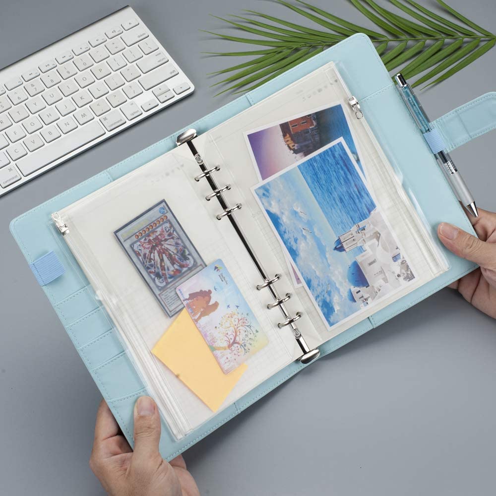 A5 A6 Clear Binder Pockets with Metal Zipper 6-Hole Punched Binder Pocket for 6-Ring Notebook Binder Pouch Organizer for Cashs