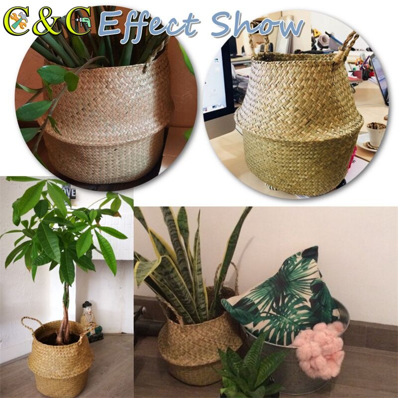 Folding Flower Pot Plant Straw Storage Seagrass Baskets Flower Vase Handmade Hanging Basket Flower Home Decor