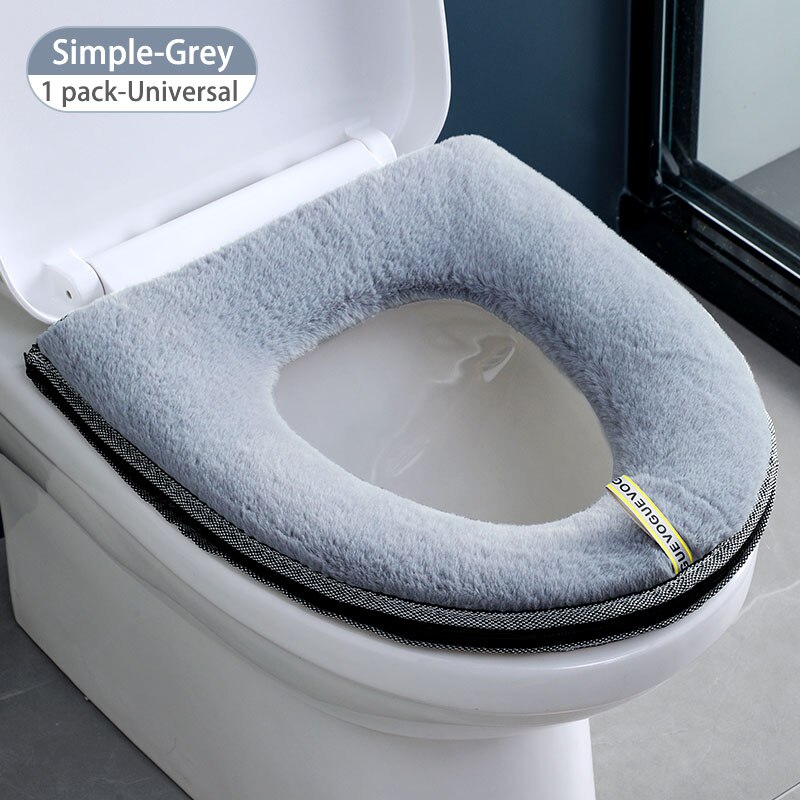 Bathroom Toilet Seat Cover Set Thicken Soft Coral Velvet Rainbow Color Zipper Toilet Case Warm Waterproof WC Potty Cover SWZ024: Solid color-gray