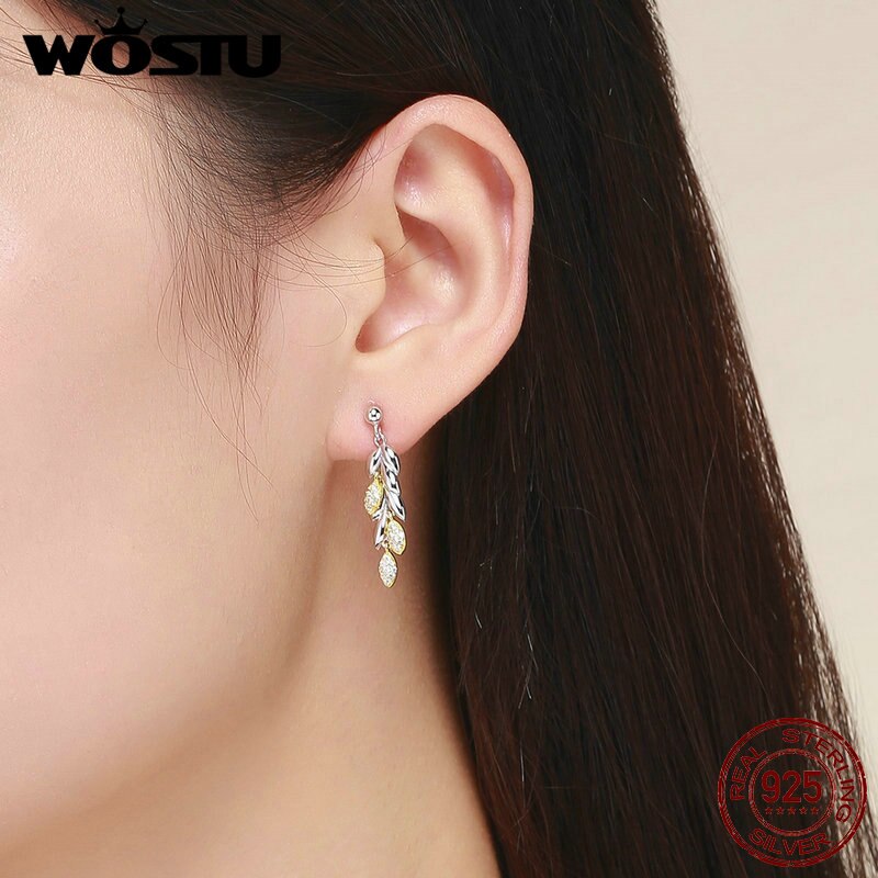 Wostu Oorbel Sterling 925 Zilver Goud Tarwe Oorbellen Zirkoon Dangle Zilveren Oorbellen Voor Vrouwen Mode-sieraden CTE025