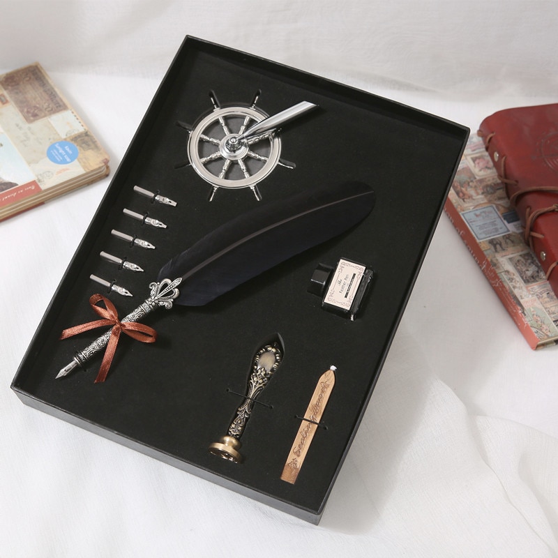 Retro veer dip pen schrijfinktset schrijfwarendoos met 5 pennenpunten bruiloft veer vulpen moederdag