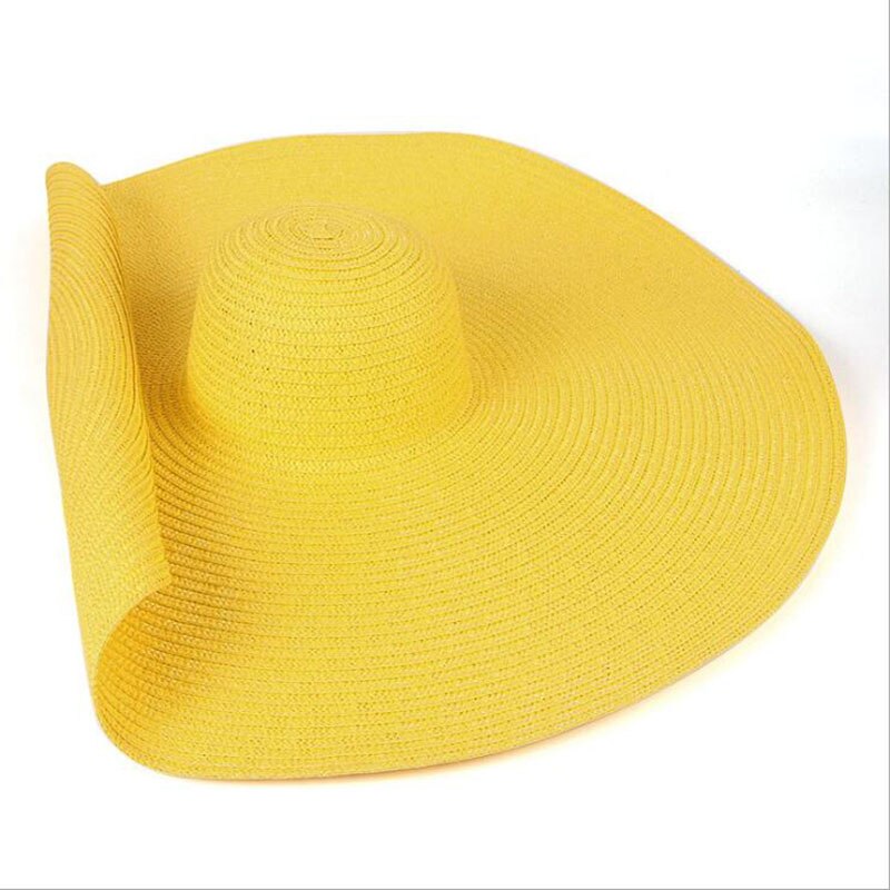 2022 Grote Zomer Hoeden 25Cm Rand Papier Stro Hoeden Cool Mooi Mooie Grote Strand Hoeden Heldere Kleuren Roll Zon hoeden Voor Vrouwen: yellow