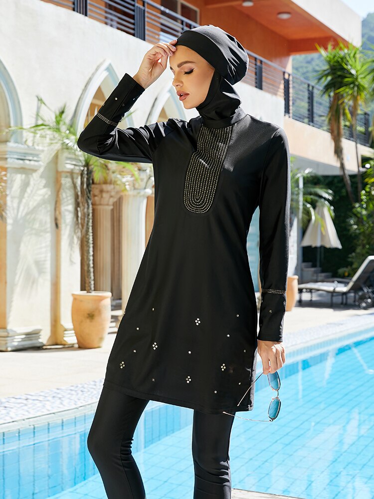 Bañador musulmán para Mujer, Burkini para Mujer, Maillot De baño para Mujer De manga larga negra con capucha De pelo y bufanda: M