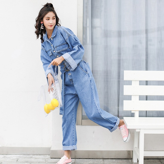 Dames denim jumpsuit romper lange mouw dames losse revers enkelrijs jeans jumpsuit dames denim broek wijde pijpen overalls