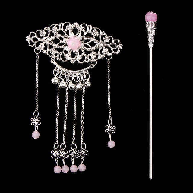Women Retro Traditional Chinese Wedding Floral Tassels Bells Hair Stick Chopsticks Headwear Hairstick Jewelry: Pink