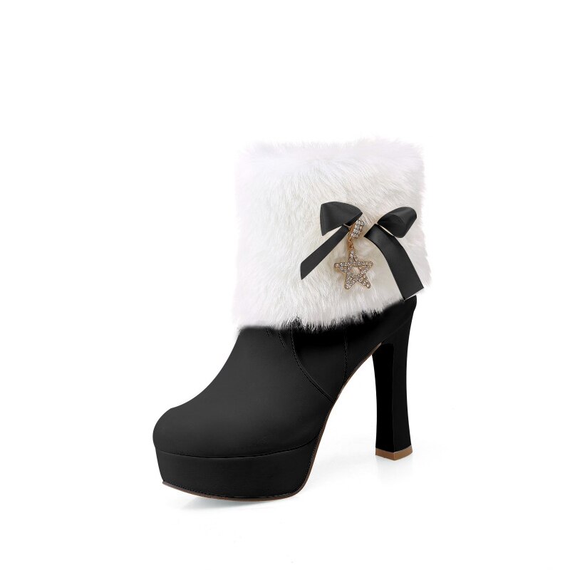 Dames kerst sneeuwlaarzen dames rode enkellaarsjes dames hoge hakken plateau schoenen winter dames strik warme bontlaarzen: Zwart / 35