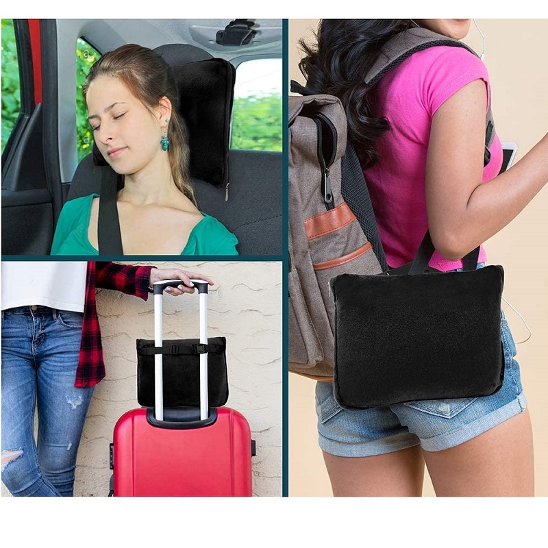 Couverture et oreiller de voyage, boucle à clipser, couverture combinée 2 en 1 en polaire douce et chaude pour avion, Camping, voiture, grande couverture compacte