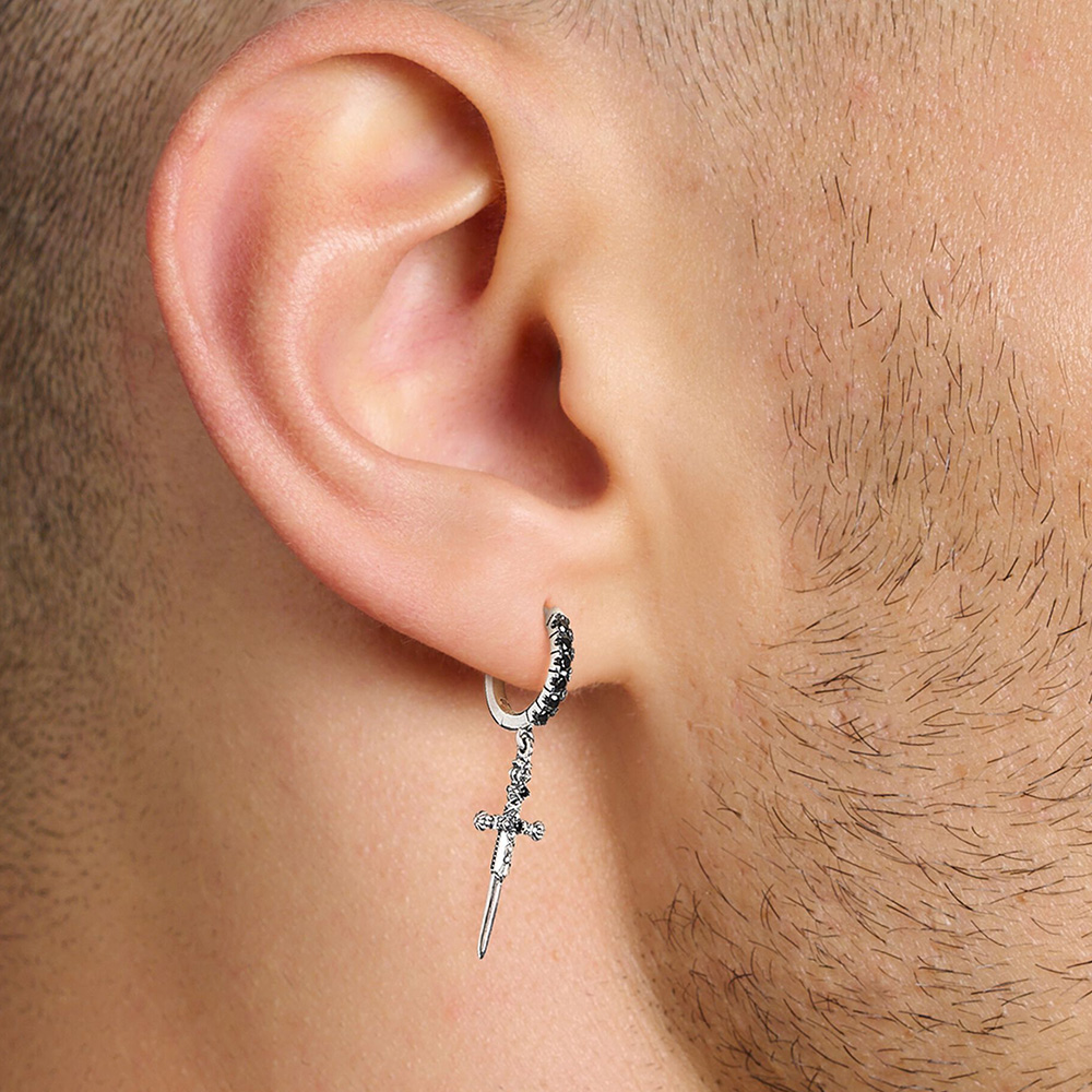 Creolen, geschwärzte Schlange und Schwert, europäischer Stil, Jahrgang-Edelschmuck für Damen und Herren, aus massivem 925er-Sterlingsilber