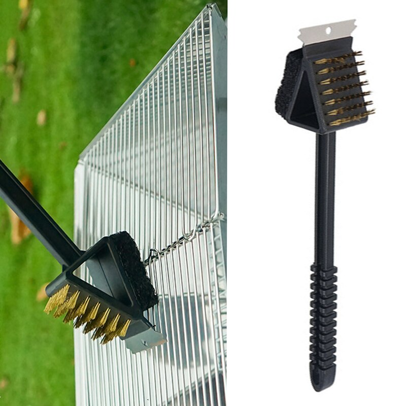 3 In 1 Driehoek Koperdraad Barbecue Grill Oven Borstel + Rvs Schraper + Spons Bbq Gadget