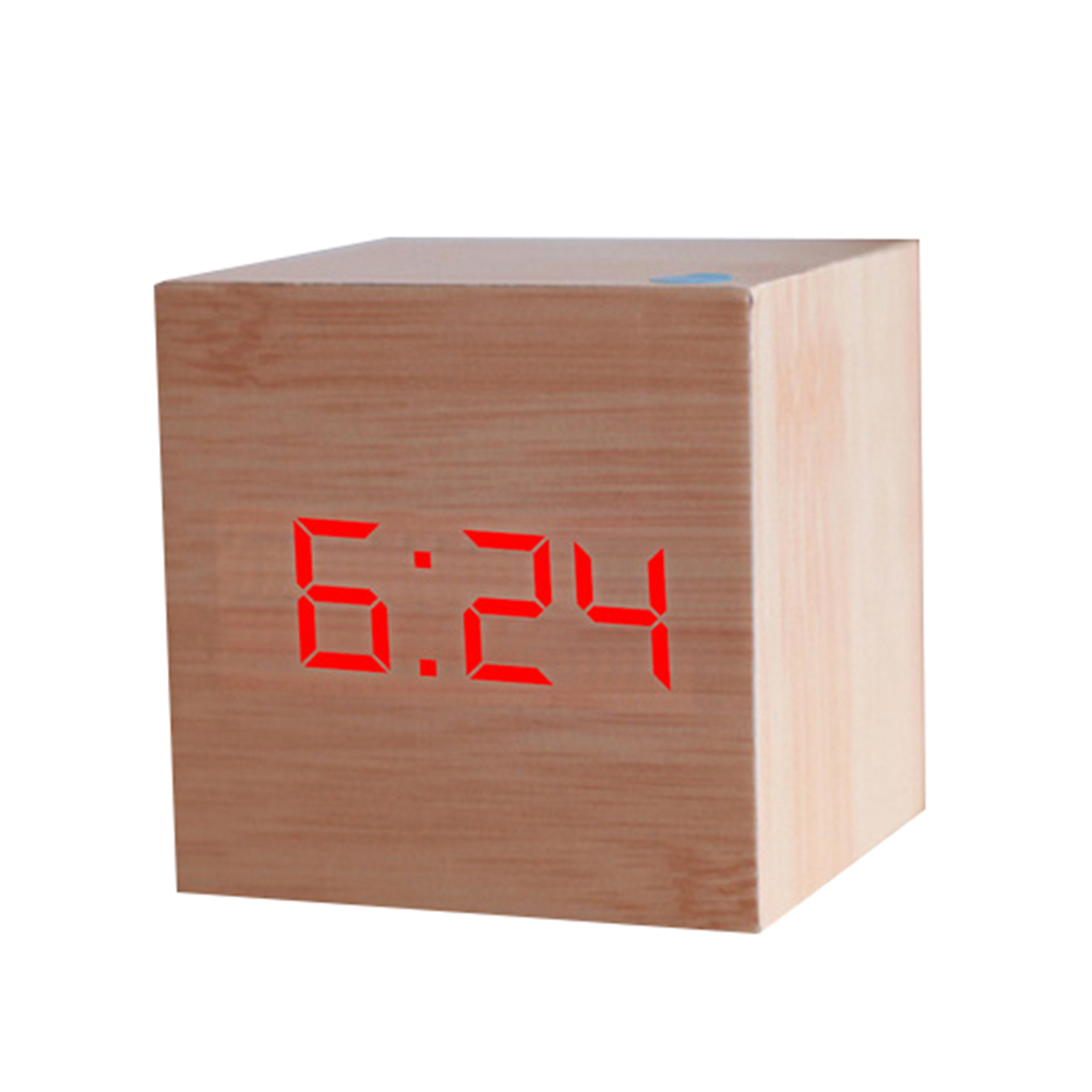 Houten Vierkante Digitale Elektronische Led Usb Klok Bureau Wekker Tafel Voice Control Decoratie School Intelligente Klok: Bamboo  Red Figure