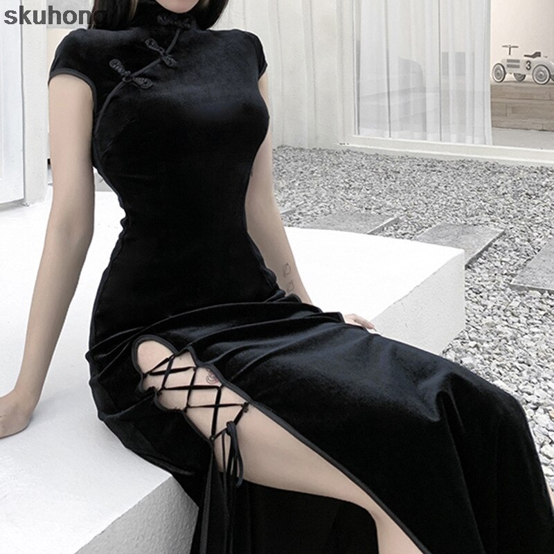 Satijn Gothic Vrouwen Stijl Cheongsam Chinese Traditionele Qipao Split Jurk Retro Elegante Vintage Mode Oosterse Kleding