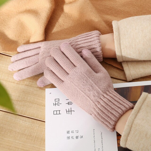 Guantes de punto de lana para mujer, guantes de lana trenzada con flores para pantalla táctil, invierno cálido, Jacquard de Cachemira, además de terciopelo, guante de conducción de abrigo grueso H48: Beige Pink