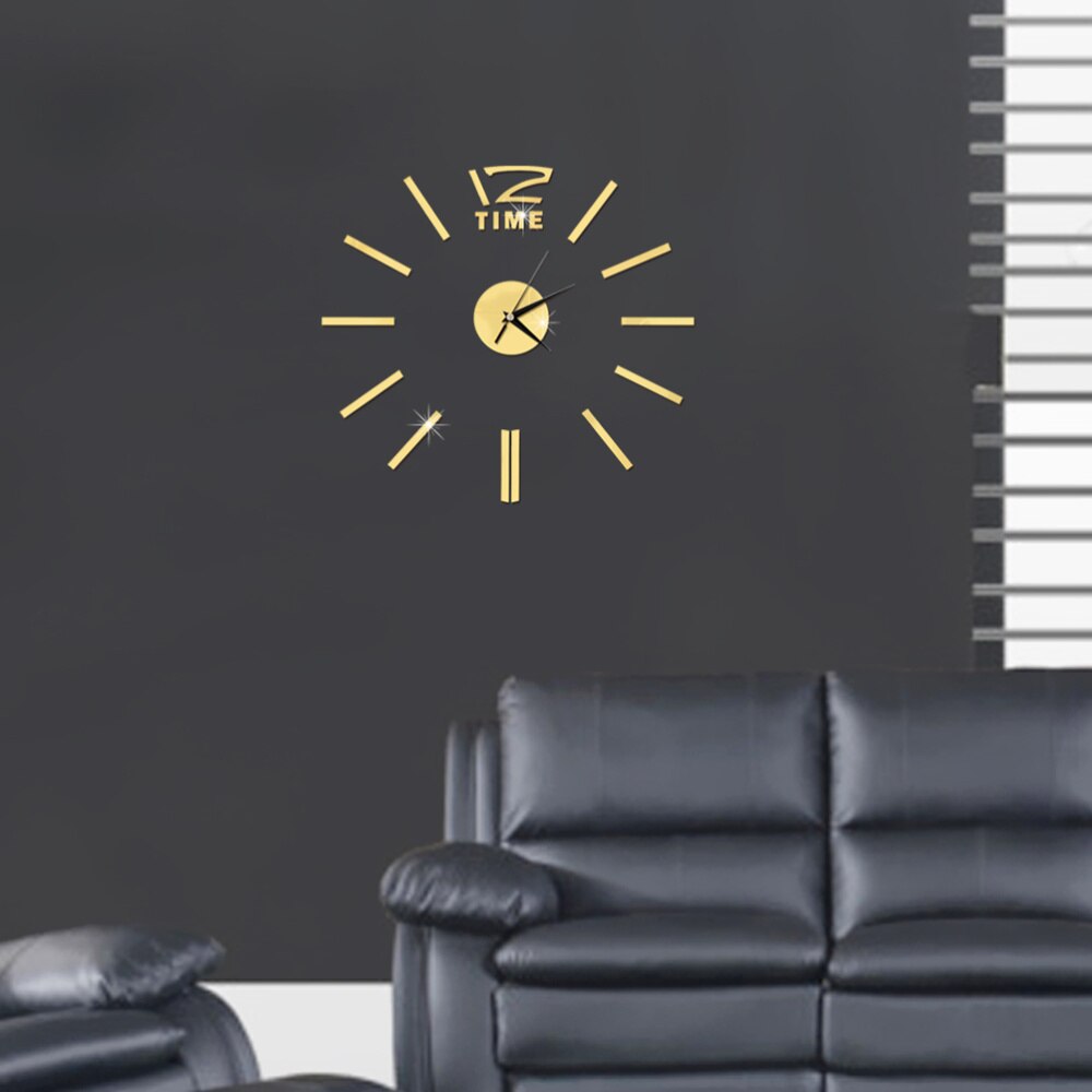Modern DIY Wall Clock Large Frameless 3D Wall Clock Mirror Stickers for Home Living Room Office Decor (Golden)