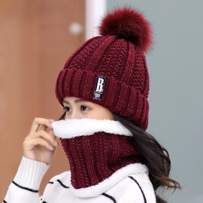 Dikke voering plus fluwelen winter dames pompon gebreide muts ring sjaal sets dames merk mutsen mutsen warme dames ring sjaal: Wijn -1