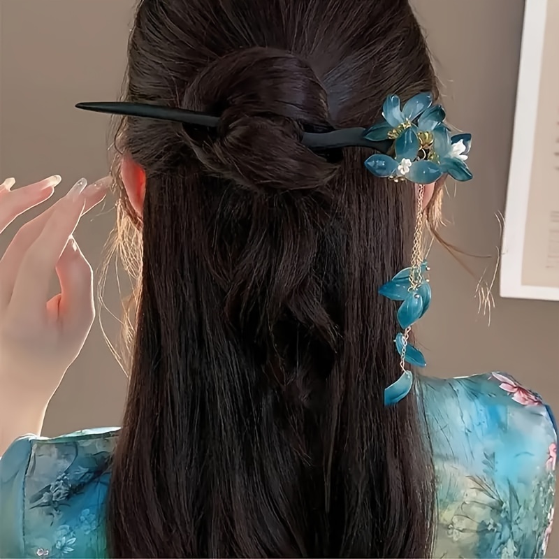 1 horquilla de flor azul retro, accesorios para el cabello de mujer cheongsam retro de estilo chino, accesorios para el cabello de mujer de de aleación de zinc