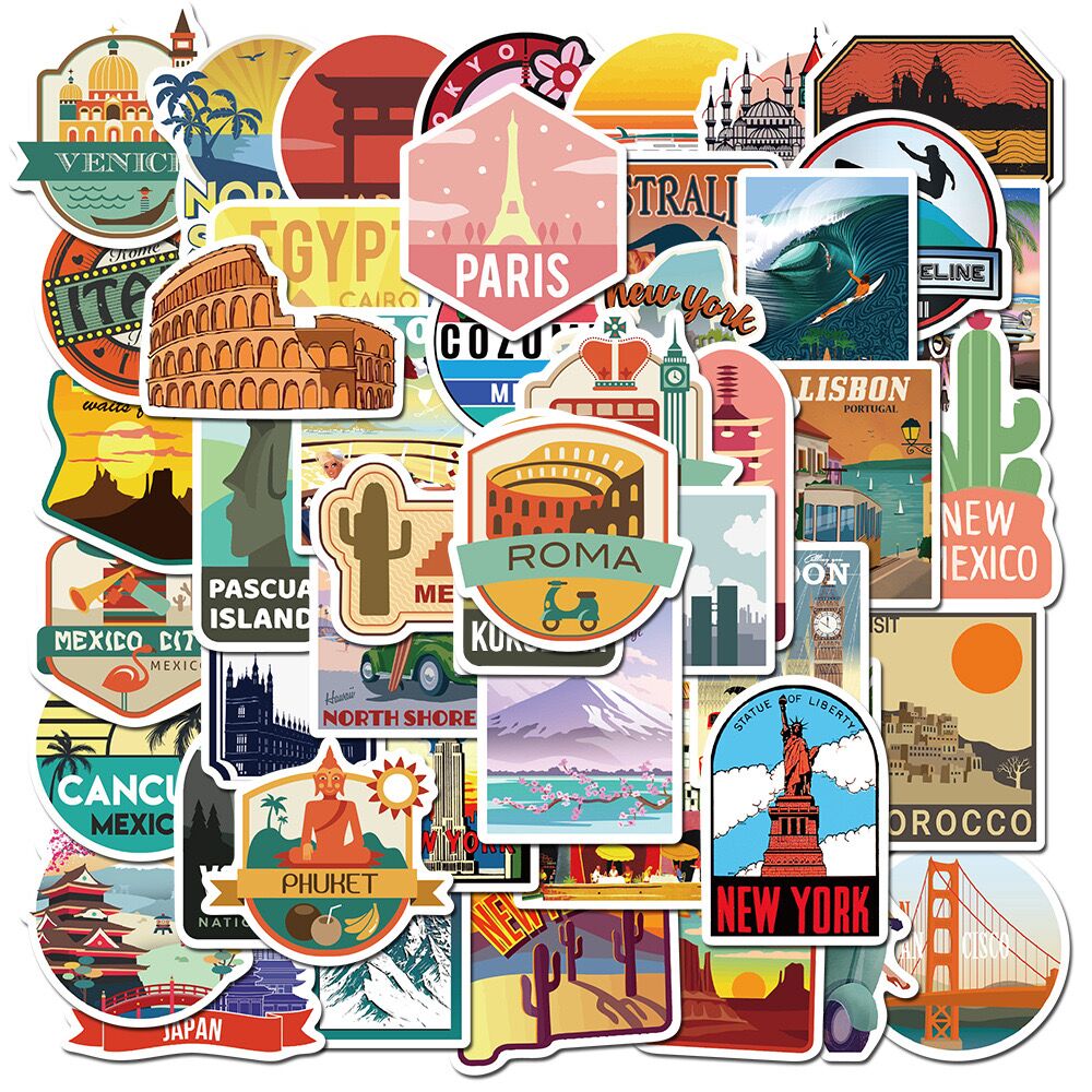 50/100PCS Mix Wereldberoemde gebouwen Reizen Stad Stickers Landmark Landschap Decals DIY Telefoon Bagage Laptop Skateboard Sticker: PEACOCK BLUE