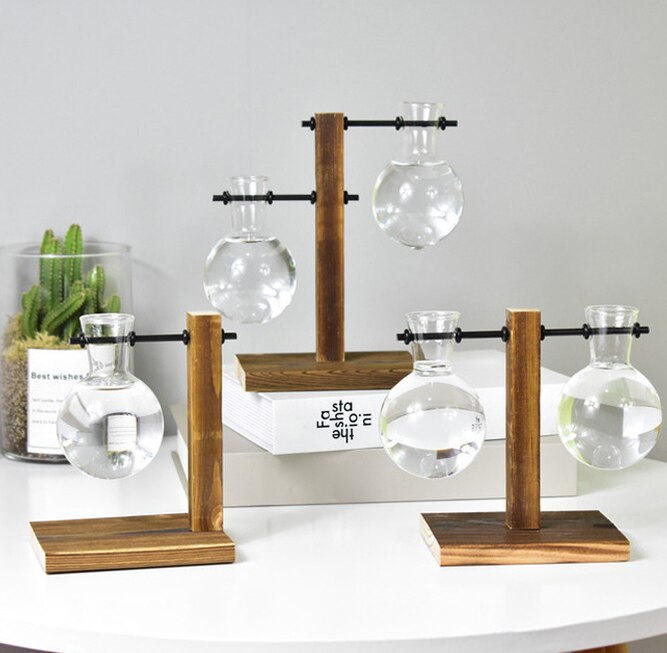 Lámpara de mesa para escritorio, jarrón hidropónico de cristal, olla con bandeja de madera para plantas, decoración de oficina, I88