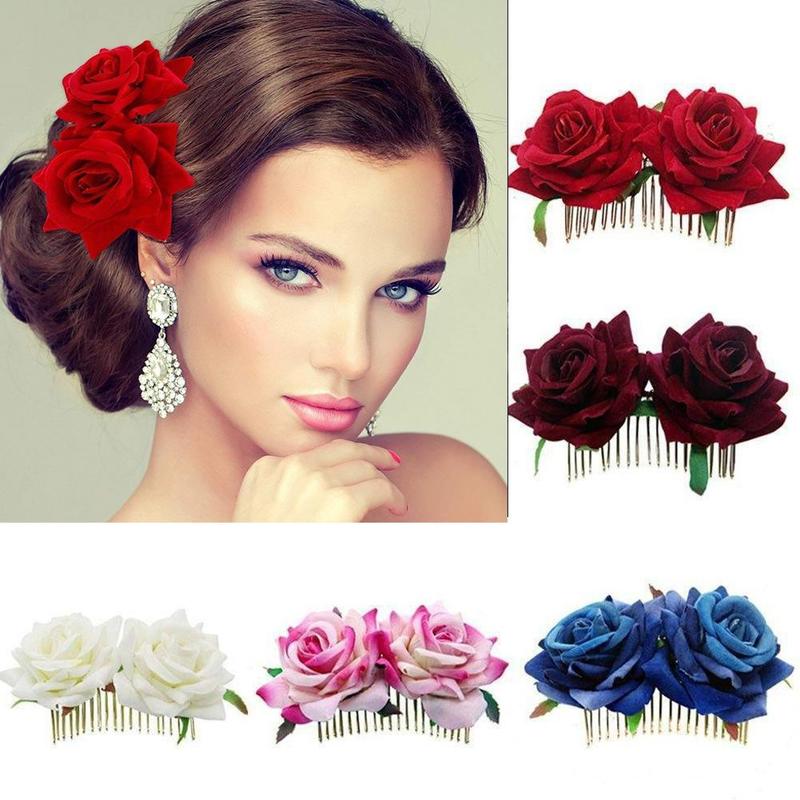 1 peine de pelo Artificial romántico de doble seda flor de Rosa para mujer, pinza de pelo blanca púrpura, tocado para baile de boda