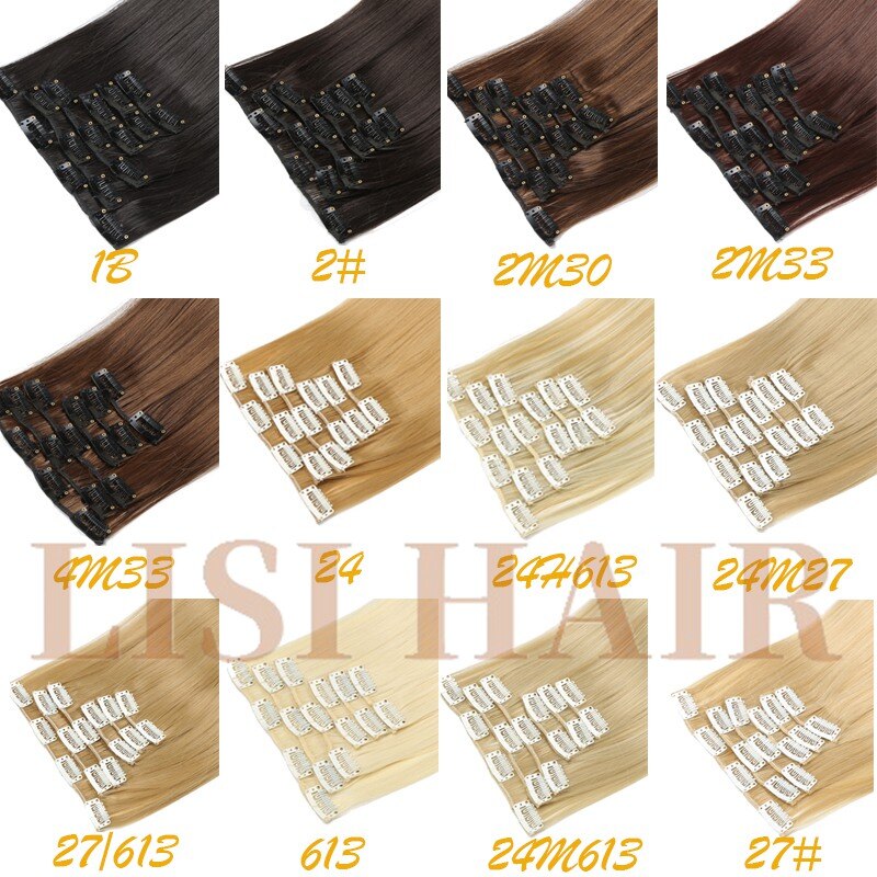 LISI HAIR 55cm Long 16 Clip in Hair Extension Straight Hairpiece Synthetic Hair For Women 140g High Temperature Fiber