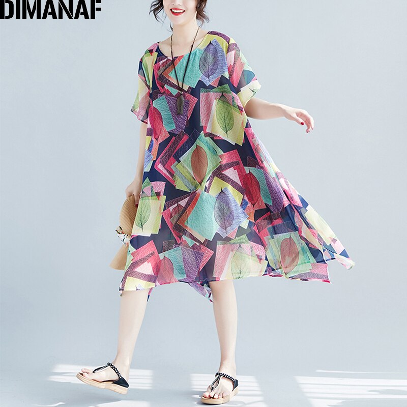 DIMANAF Women Dress Summer Plus Big Size Chiffon Hawaiian Lady Vestidos Print Panelled Female Casual Beach Sundress