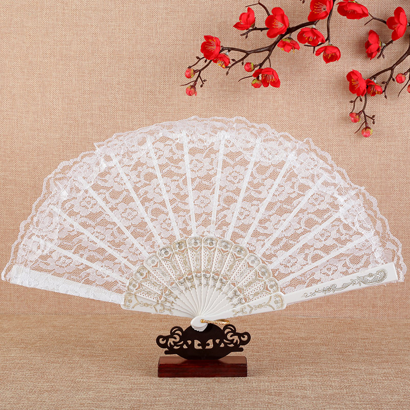 23cm Thin Lace Fan Plastic Bone Hand Fan Art Craft Lolita Japanese Sweet Girl Dance Photo Props Wedding Party Decoration: White no pendant