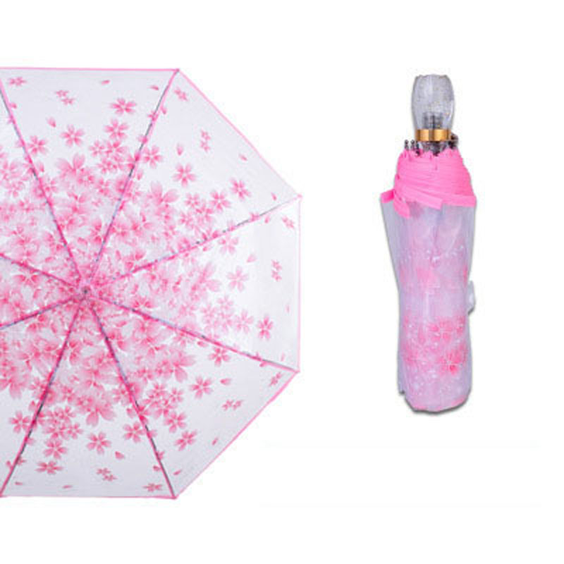 Parapluie romantique Transparent | Parapluie en fleurs de cerisier à trois plis pour femme, parapluie de cerise japonais coréen pour femme, parapluie d'art frais: pink-transparent