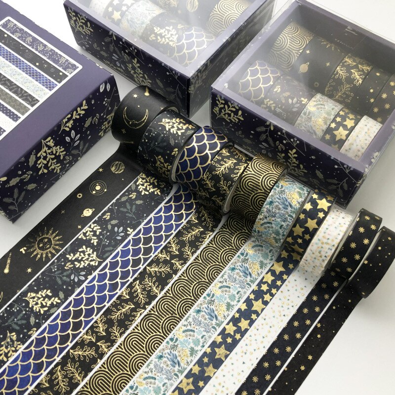 10 stk / sæt sort geometri guldmaskering washi tape dekorativt tape sæt decora diy scrapbooking sticker label brevpapir: Mix og match