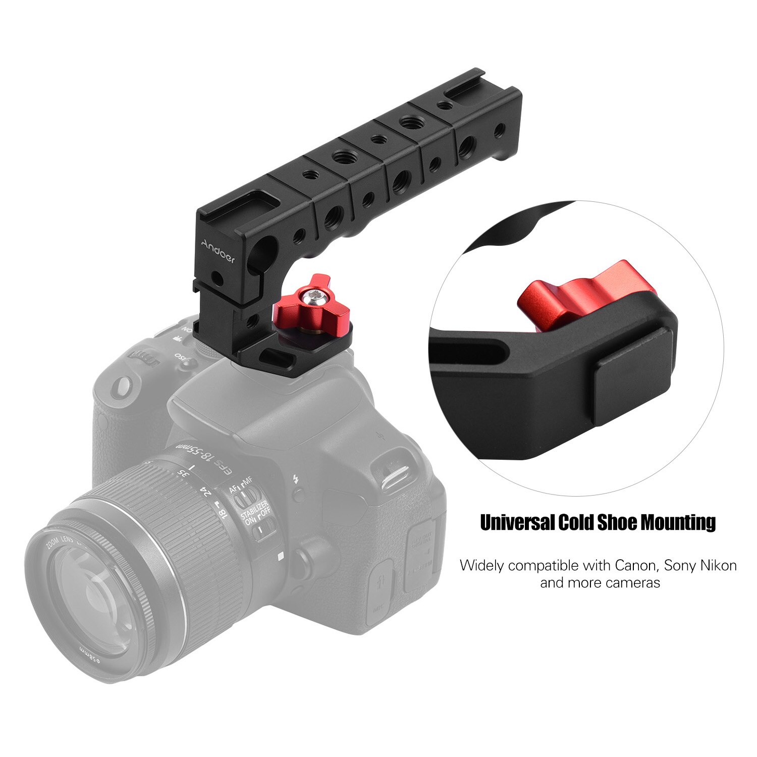 Andoer Aluminium Camera Handgreep Met Koud Shoe Mount 1/4 3/8 Schroefdraad Gaten 15Mm Rod Clamp Voor Microfoon led Licht