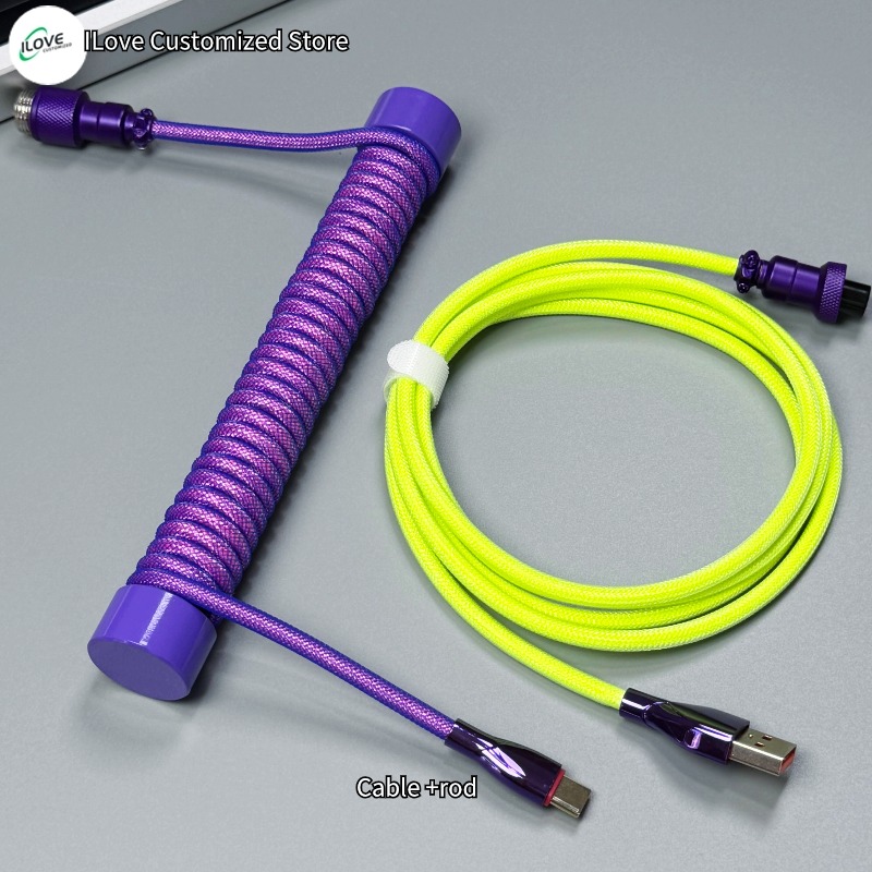Coiled Keyboard Cable USB C + Protection Rod for Mechanical Gaming Keyboard Double-Sleeved Wire with Detachable Metal Aviator: Fuchsia