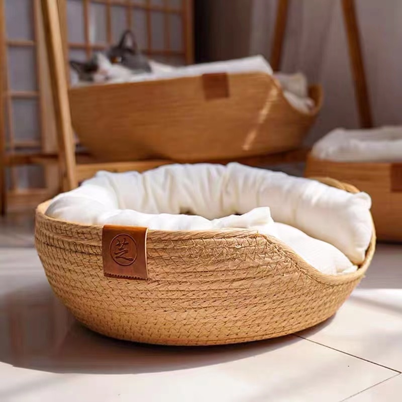 Cat Mat House Pet Bed Kennel Dog Beds 100% Handmade Bamboo Weaving Four Season Cozy Nest Removable Cushion Sleeping Bag CW268