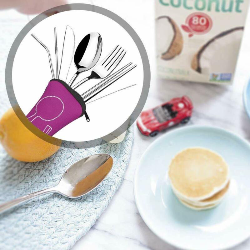 7pcs/ Set Stainless Steel Tableware Set Outdoor Portable Cloth Bag Knife Fork Spoon Chopsticks Straw Rich Flowers Seven Sets