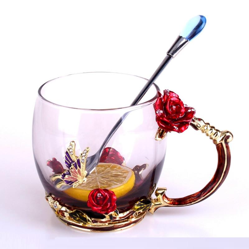 Luksus europæisk kaffekop blomst gyldent håndtag metal ske glas krus te kop mælkesaft krus drinkware bryllup: Rød rose