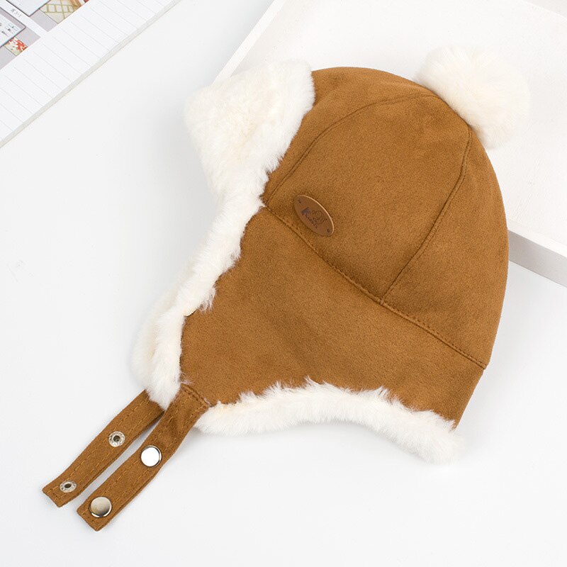 Suede Oorbeschermers Baby Hoed Bont Pompom Baby Jongen Meisje Beanie Leuke Verdikking Warm Pluche Cap Kinderen Hoeden
