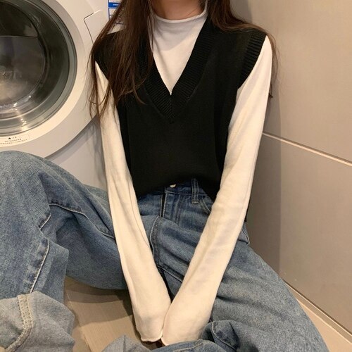 Chaleco de punto liso con cuello en V para mujer, ropa de oficina Ulzzang de estilo coreano, de ocio, a la , suave: black