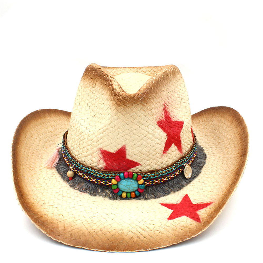 Kvinder mænd halm vestlige cowboy hat med punk blade band stjerne dame far sombrero hombre cowgirl jazz caps størrelse 58cm: C3 biler