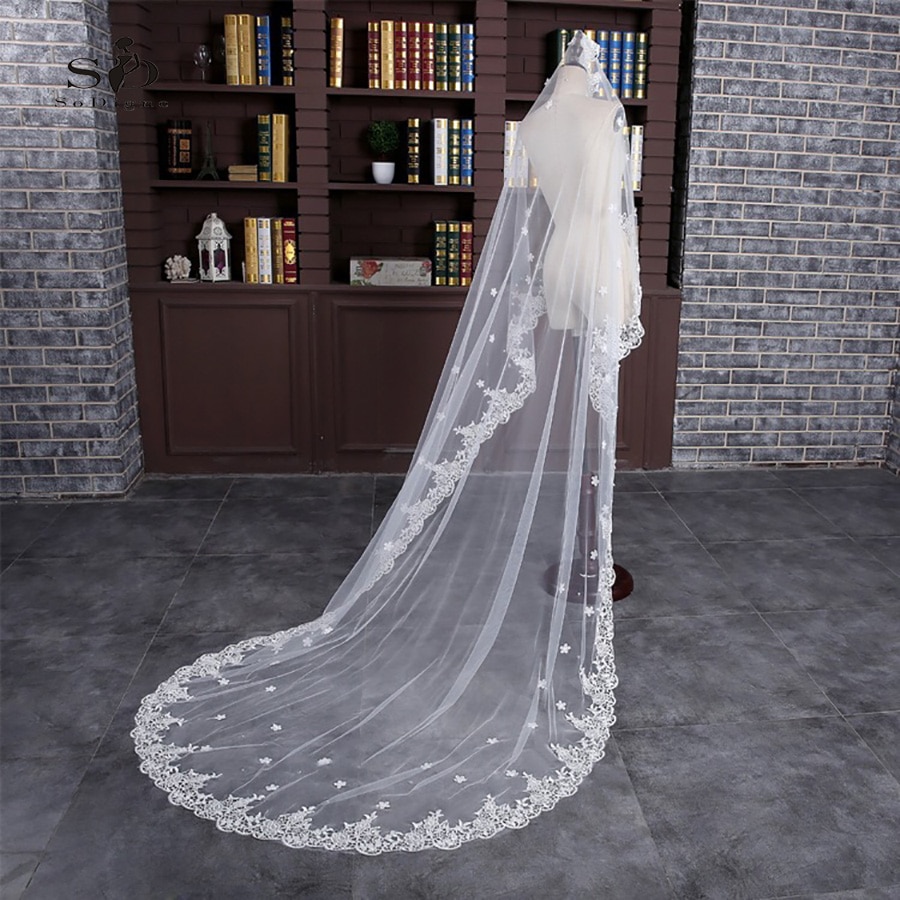 SoDigne Lange Kant met Bloemen Wedding Veil White Bridal Veils Bruiloft Accessoires In voorraad