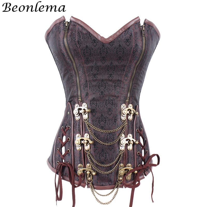 Beonlema steampunk korset vintage overbust korselet bustiers metal spænde kæde punk retro tøj brun 6xl corsage