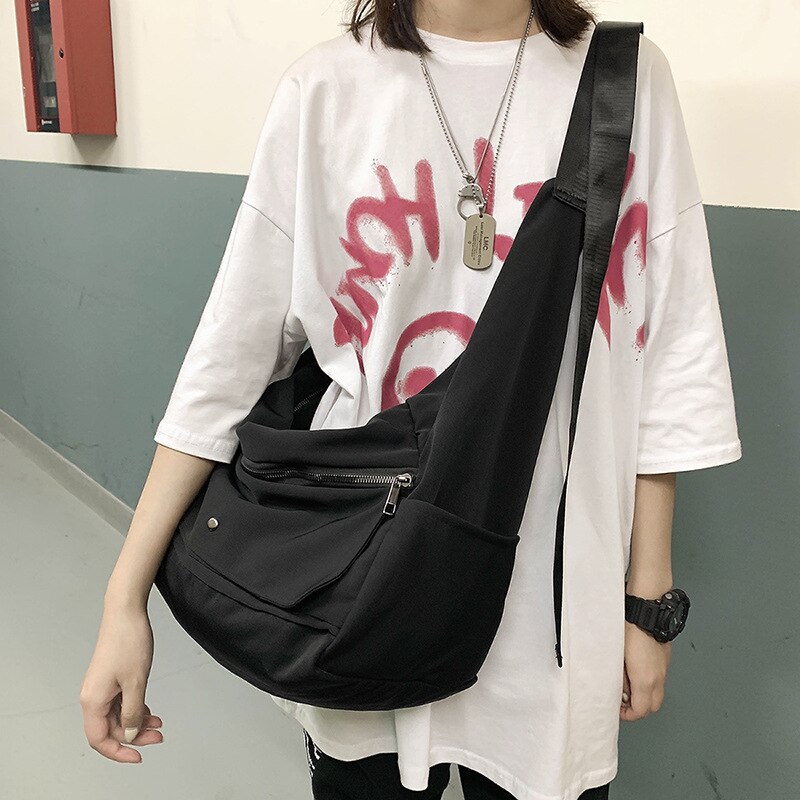 Bolsa Hobo de tela de Nylon impermeable para adolescentes, bolso informal de gran capacidad para estudiantes, bolsa Slouch negra suave para uso diario: Default Title