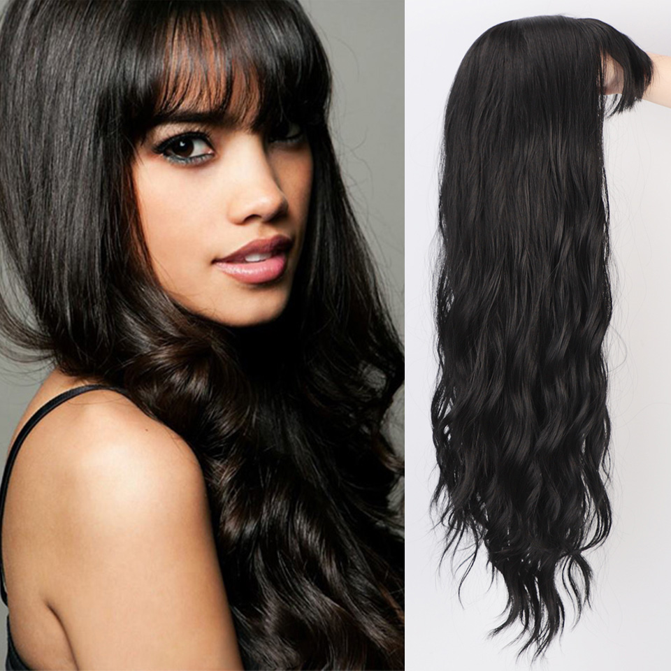 AISI Beauty Long Water Wave Synthetic Wigs with Bangs Mix Brown Wig for Women Pink Red Black Heat Resistant Hair: 1b